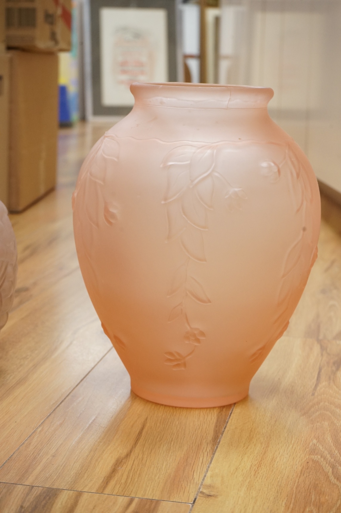 Two French Art Deco pressed peach glass vases, tallest 29.5cm